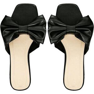 Women's Bow Black Square Open Toe Breathable Slip On Slide Sandals Flat Shoes